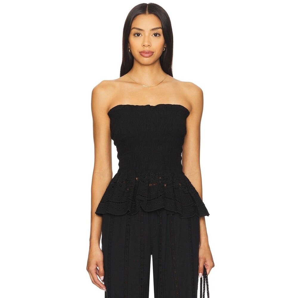Damson Madder Martina Cami Tank Top Smocked Broderie Cutout Black M-10 287412
